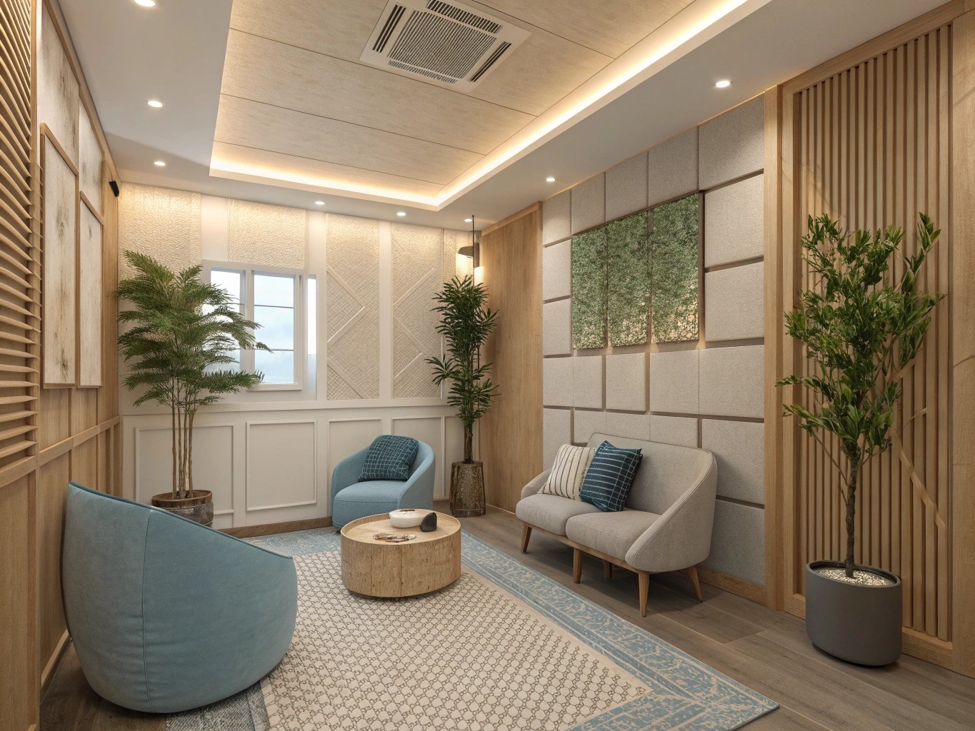 Espace apaisant neuroarchitecture - Design minimaliste avec lumière naturelle